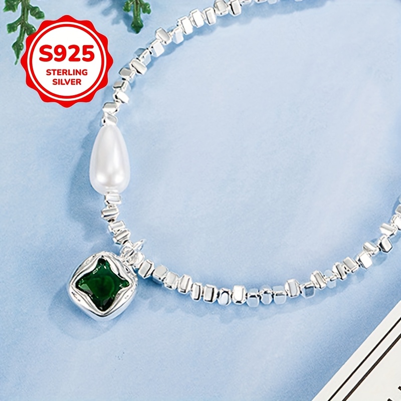 925 Silver Geometric Charm Bracelet with Green Stones